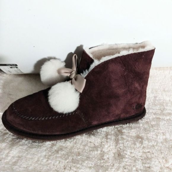 UGG Australia Kallen Suede Moc Toe Pom Pom Slippers  Size 5 Brown #1017541 - Picture 2 of 14